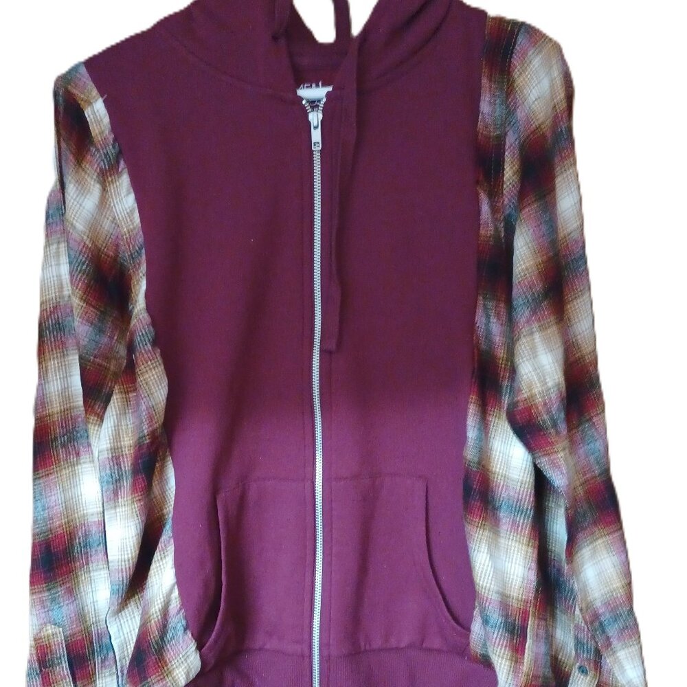 Upcycled Reworked Custom Hoodie Flannel sleeves sweatshirt Zip up